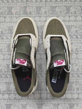 Travis Scott Men's Sneakers in Olive Green & White with Pink Tongue Logo